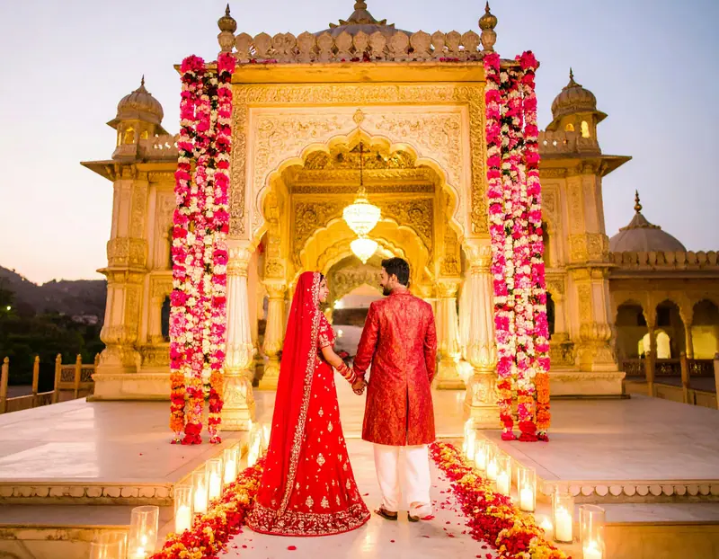 Bride and groom holding hands beneath a lit palace arch