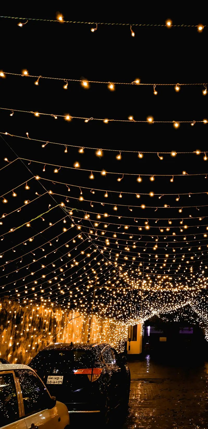 Warm string lights over an evening celebration